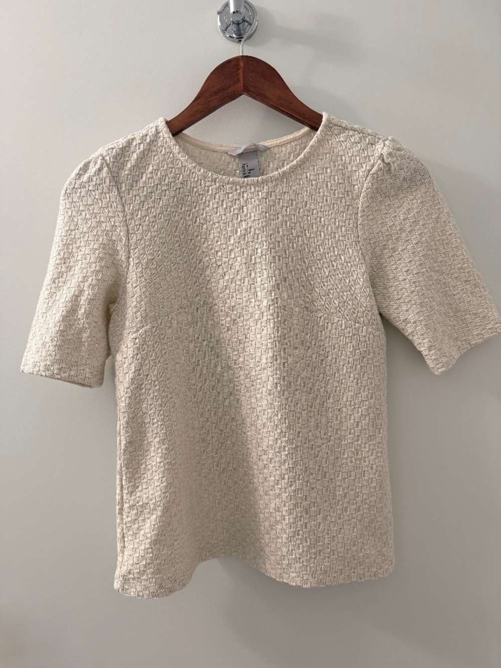 Ivory Basketweave Knit Puff Sleeve Top Blouse Womens Small